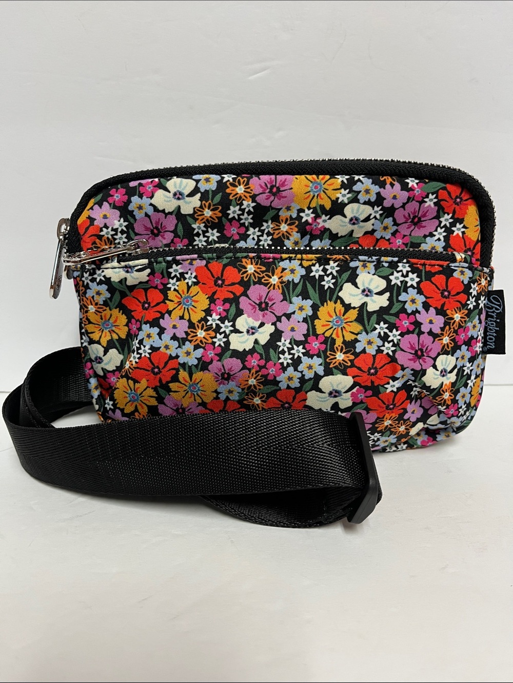 Brighton Black Floral Crossbody Belt Bag with Multicolor Blooms